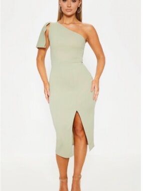PrettyLittleThing Sage One-Shoulder Midi Dress with Front Slit
